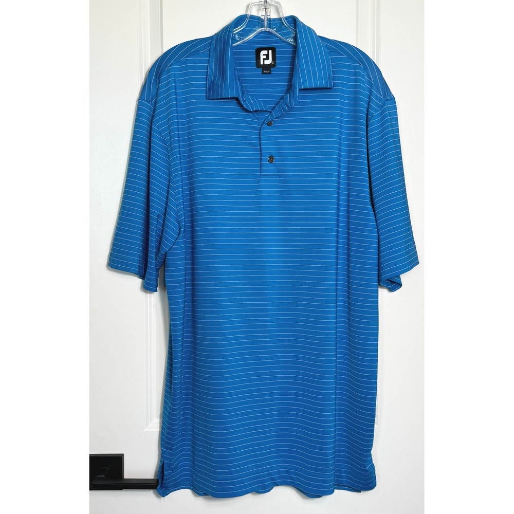 FootJoy FJ Mens Golf Polo Blue White Stripe Short Sleeve Performance Size L